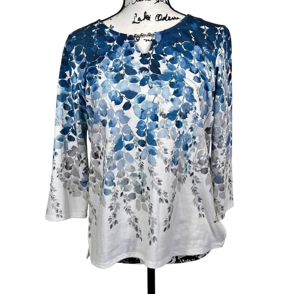 Alfred Dunner Womens blue Floral Split Beaded Top  size Petite S work casual